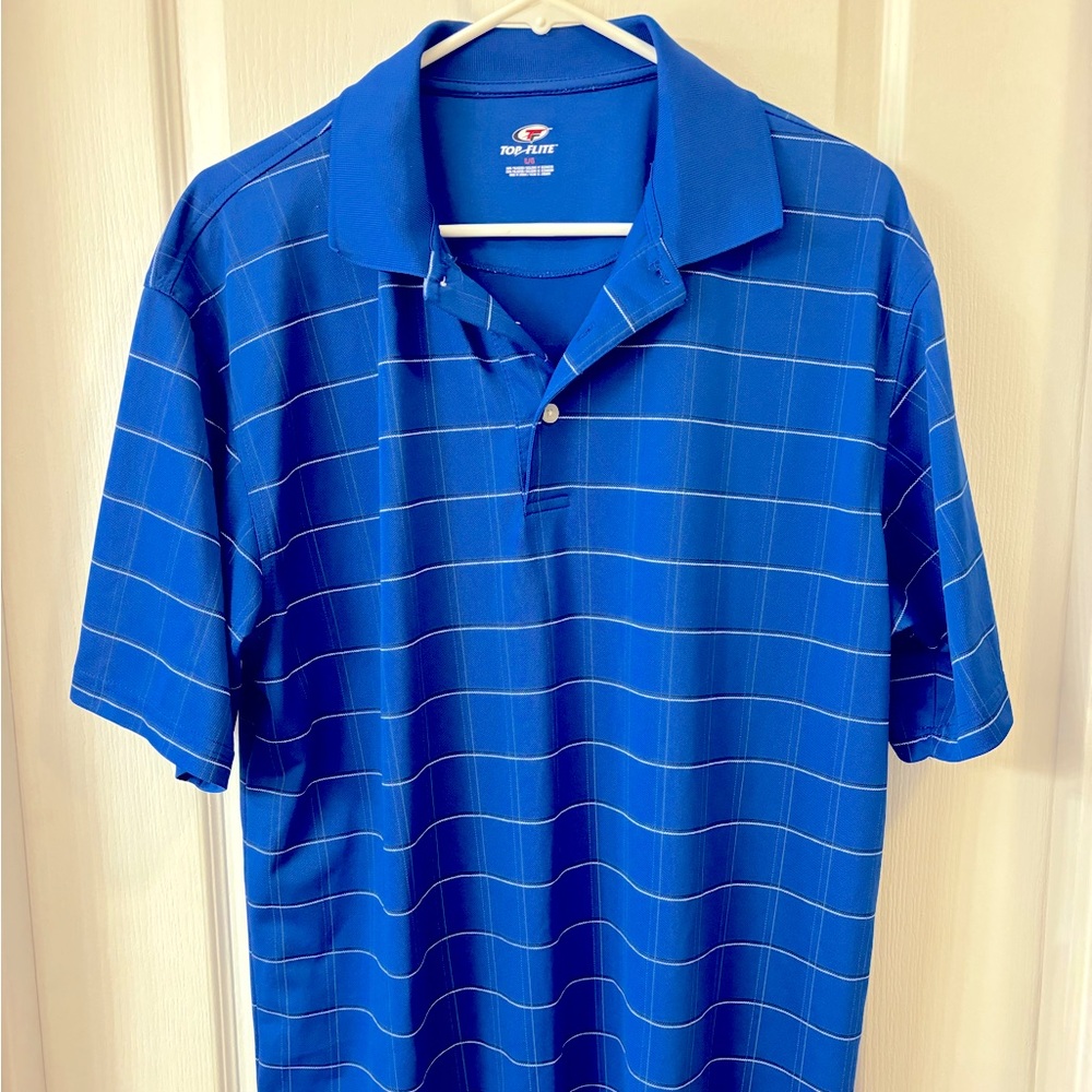Men’s Size LARGE Top Flite Blue, White & Black Striped Golf Polo Shirt
